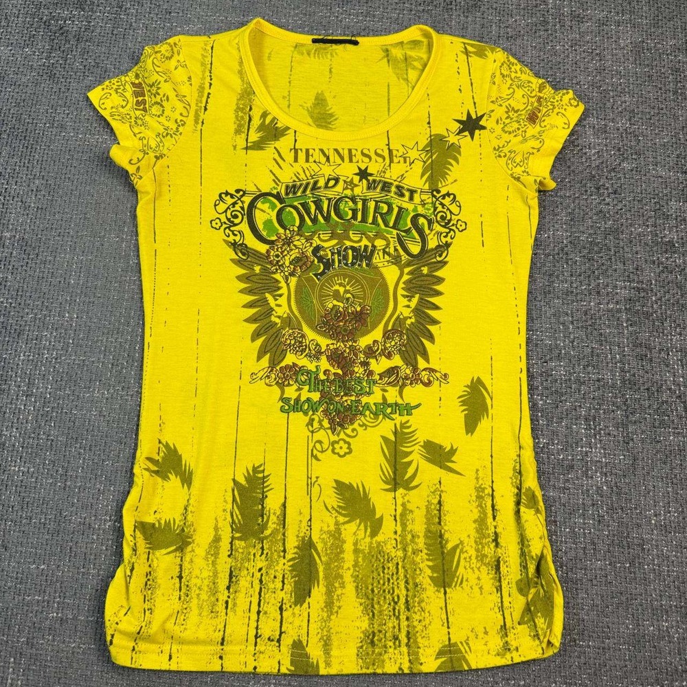 Tennessee Wild West Cowgirls Show Graphic Tee Women Yellow Y2K Rhinestone Small